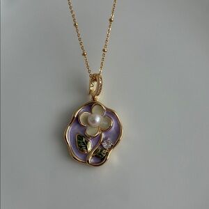 Purple Enamel Flower Gold Necklace, Freshwater Pearl Necklace, Handmade Pendant